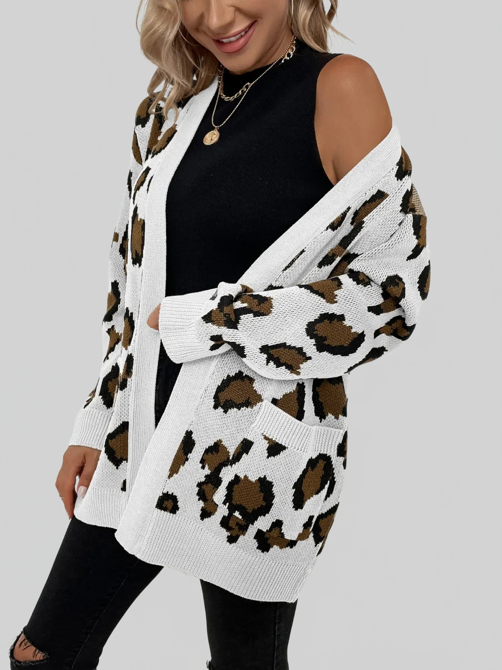 Women Leopard Open Front Dropped Shoulder Cardigan nicholesgifts