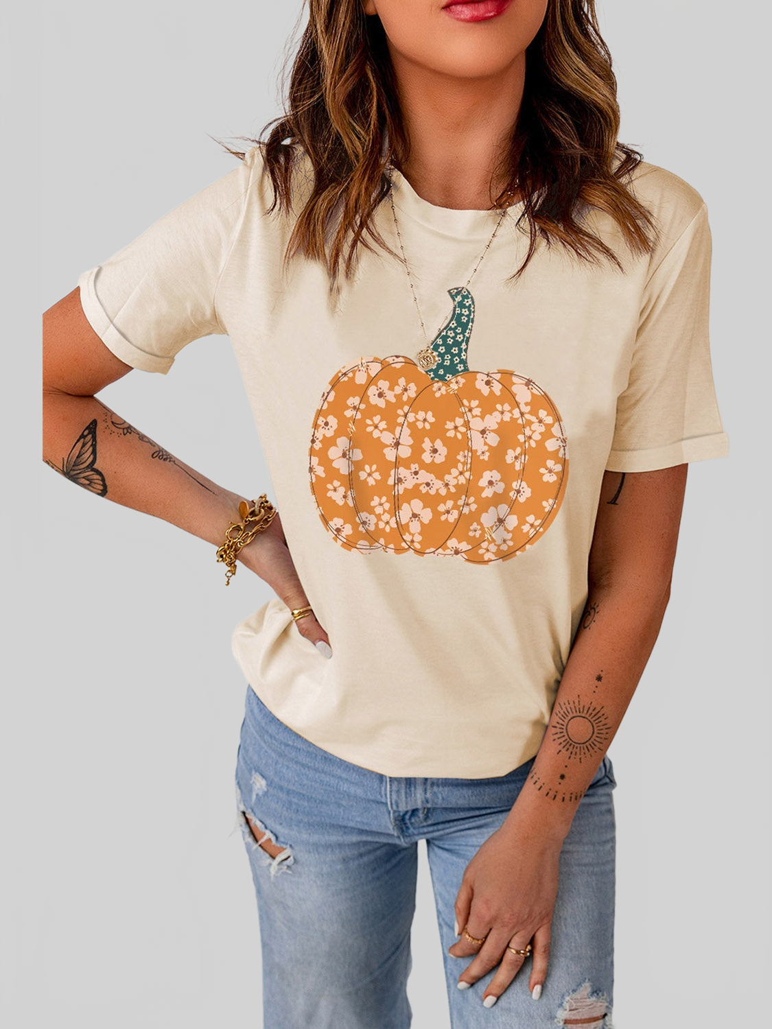 Pumpkin Graphic Round Neck Cuffed T-Shirt nicholesgifts