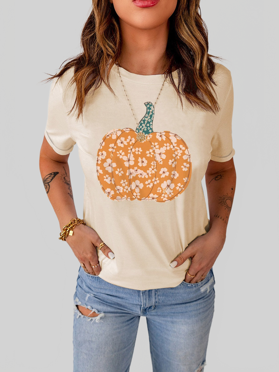 Pumpkin Graphic Round Neck Cuffed T-Shirt nicholesgifts