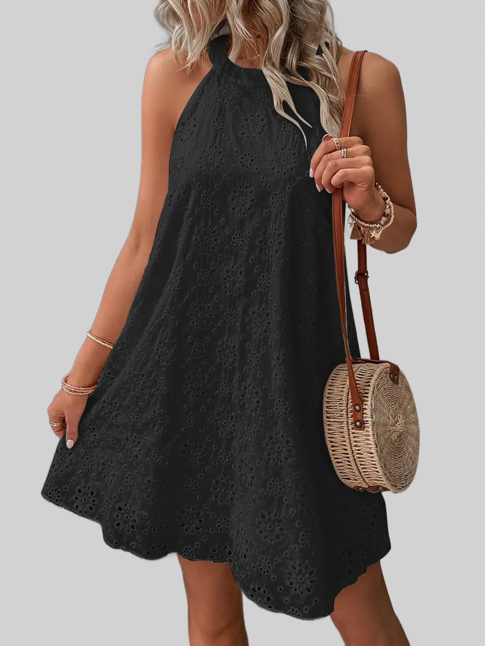 Eyelet Grecian Neck Mini Dress nicholesgifts
