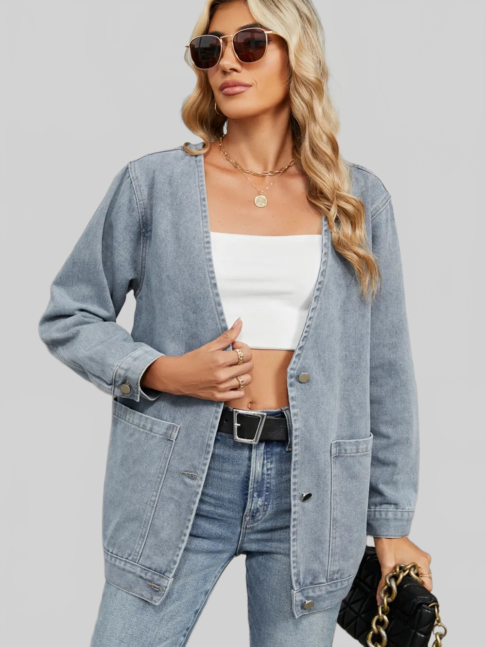Pocketed V-Neck Button Up Denim Jacket nicholesgifts