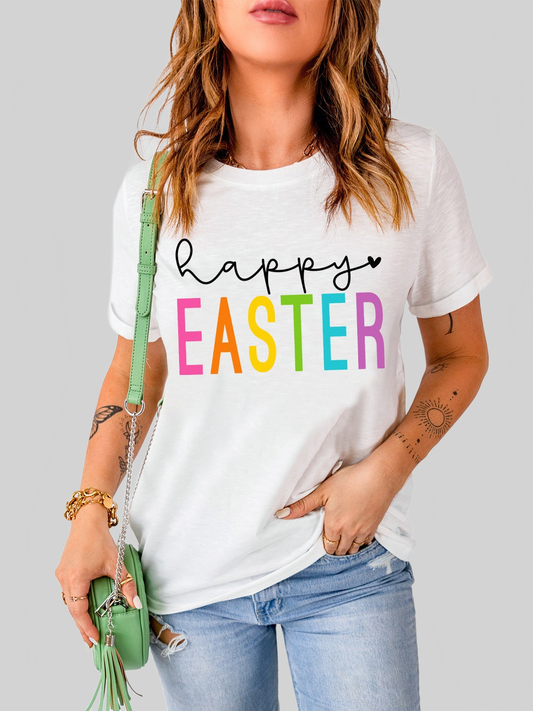 Women Happy Easter Round Neck Short Sleeve T-Shirt nicholesgifts