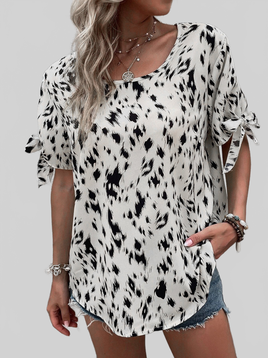 Women Tied Printed Boat Neck Blouse nicholesgifts