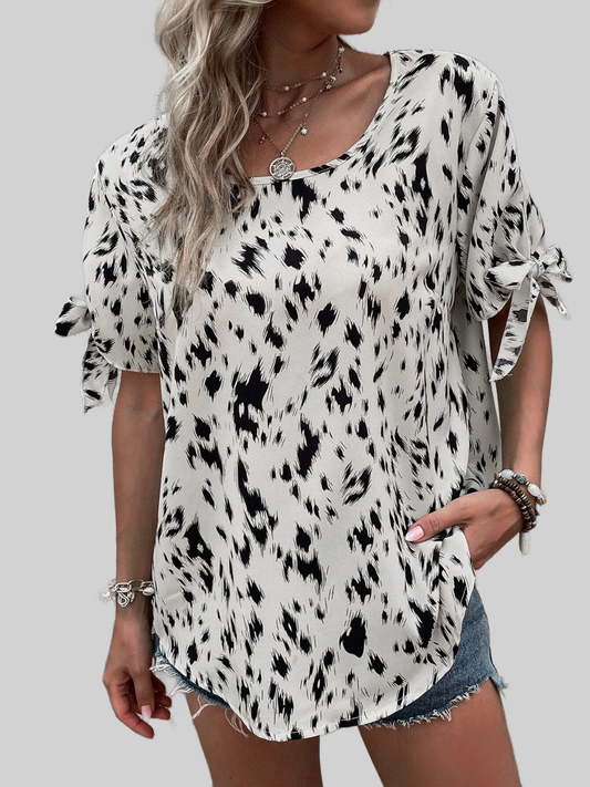 Women Tied Printed Boat Neck Blouse nicholesgifts