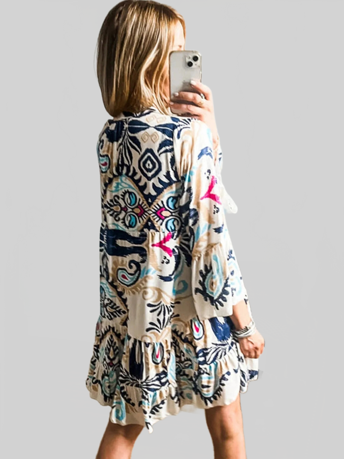 Printed Notched Three-Quarter Sleeve Mini Dress nicholesgifts