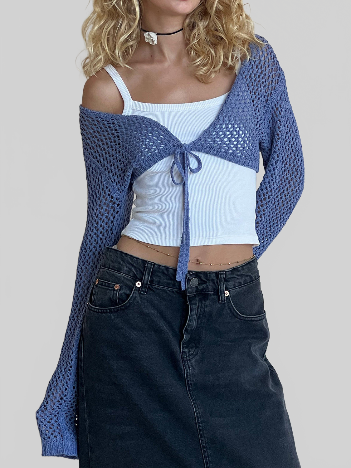 NicholesGifts Women Openwork Tied Dropped Shoulder Cardigan NicholesGifts