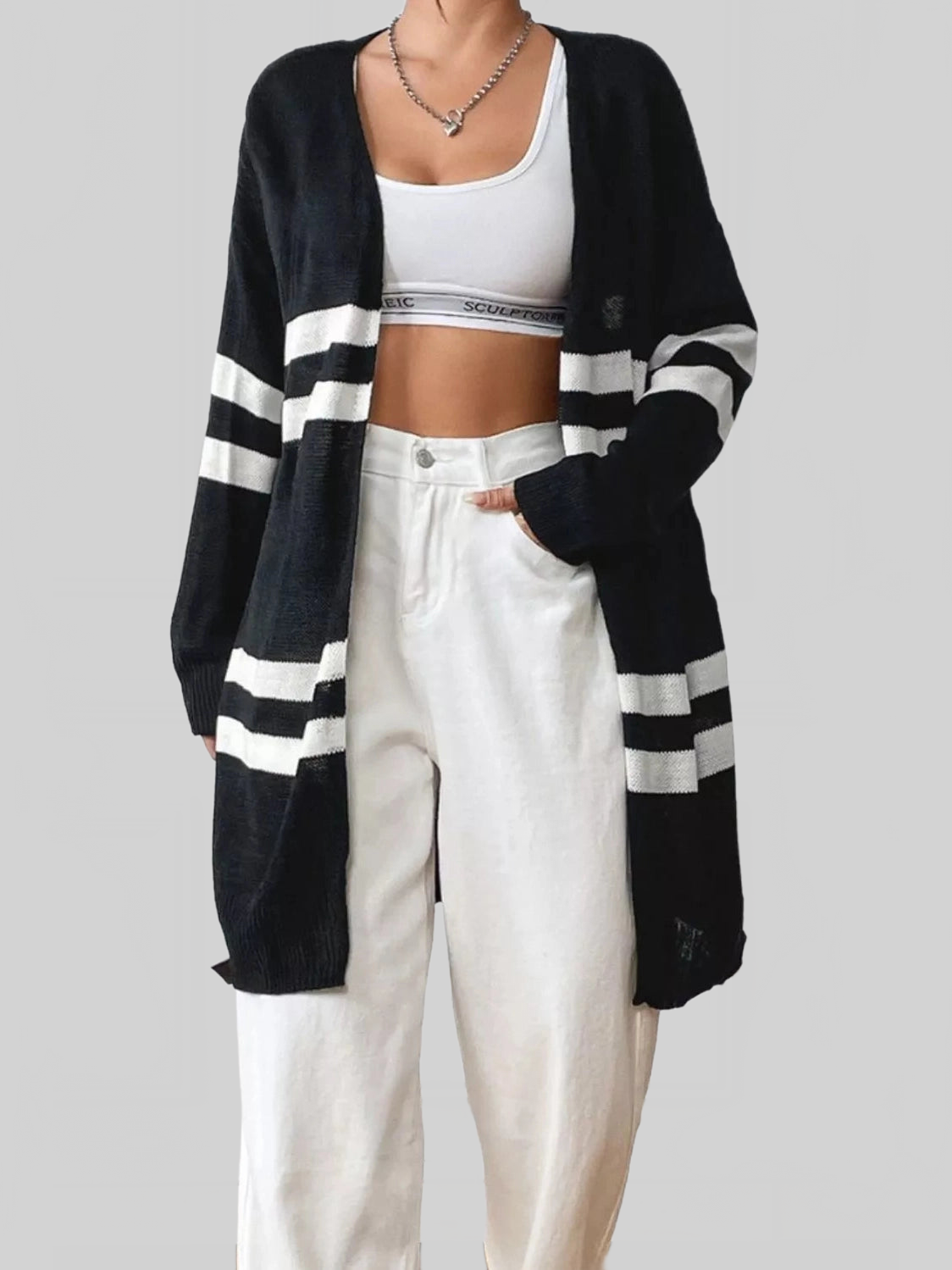 Striped Open Front Dropped Shoulder Cardigan nicholesgifts