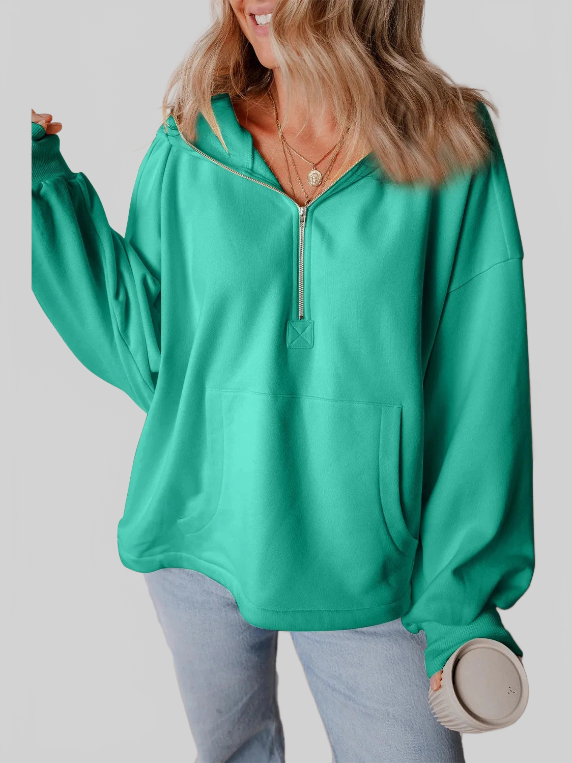Pocketed Half Zip Dropped Shoulder Hoodie NicholesGifts
