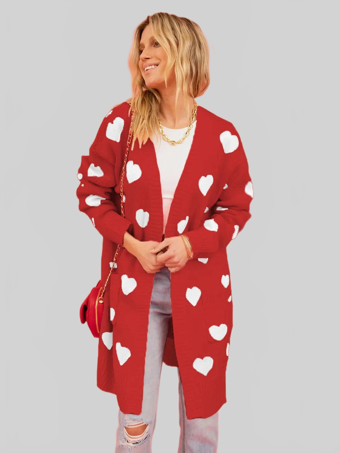 Women Heart Graphic Open Front Cardigan with Pockets nicholesgifts
