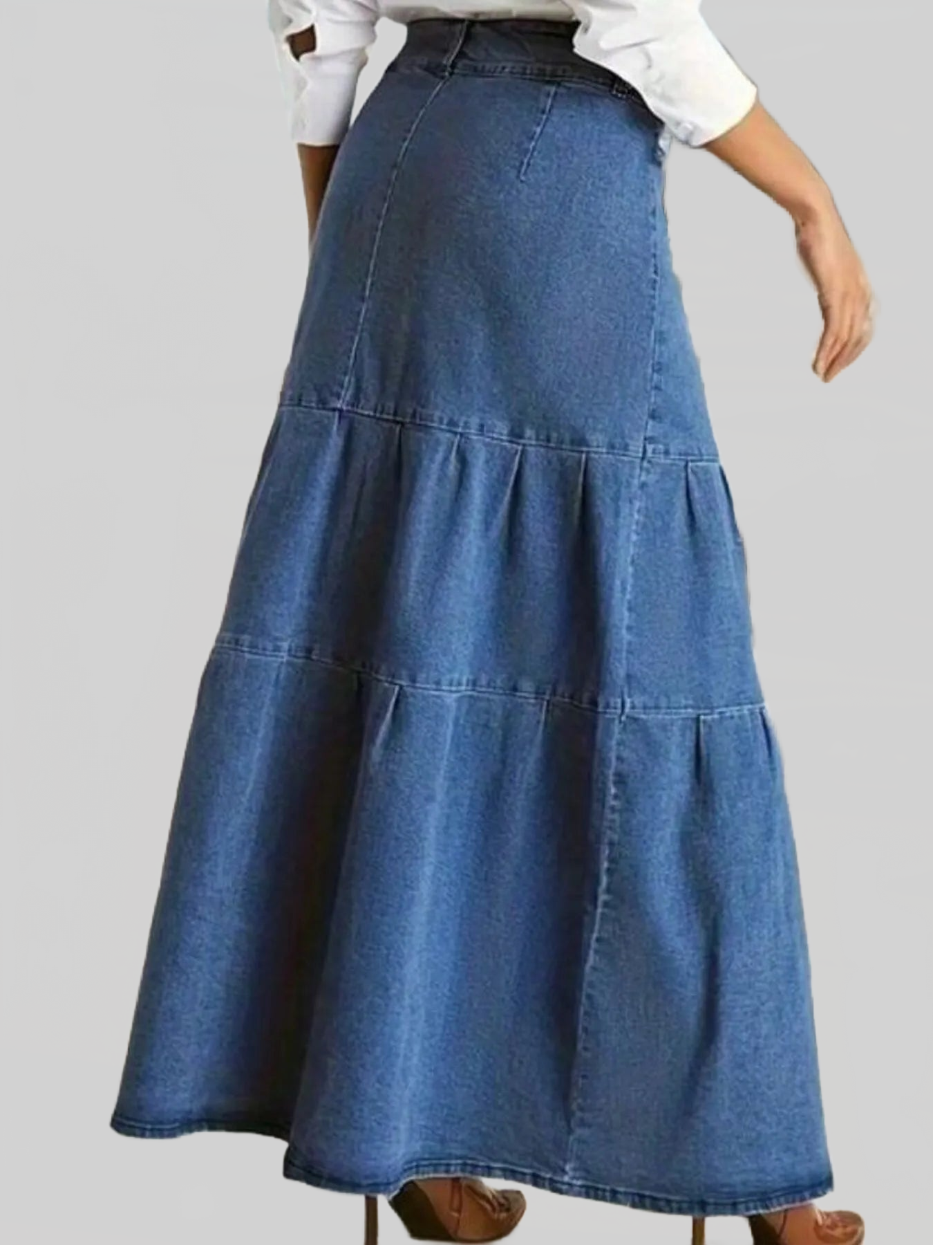 Tiered Maxi Denim Skirt with Zipper Detail nicholesgifts