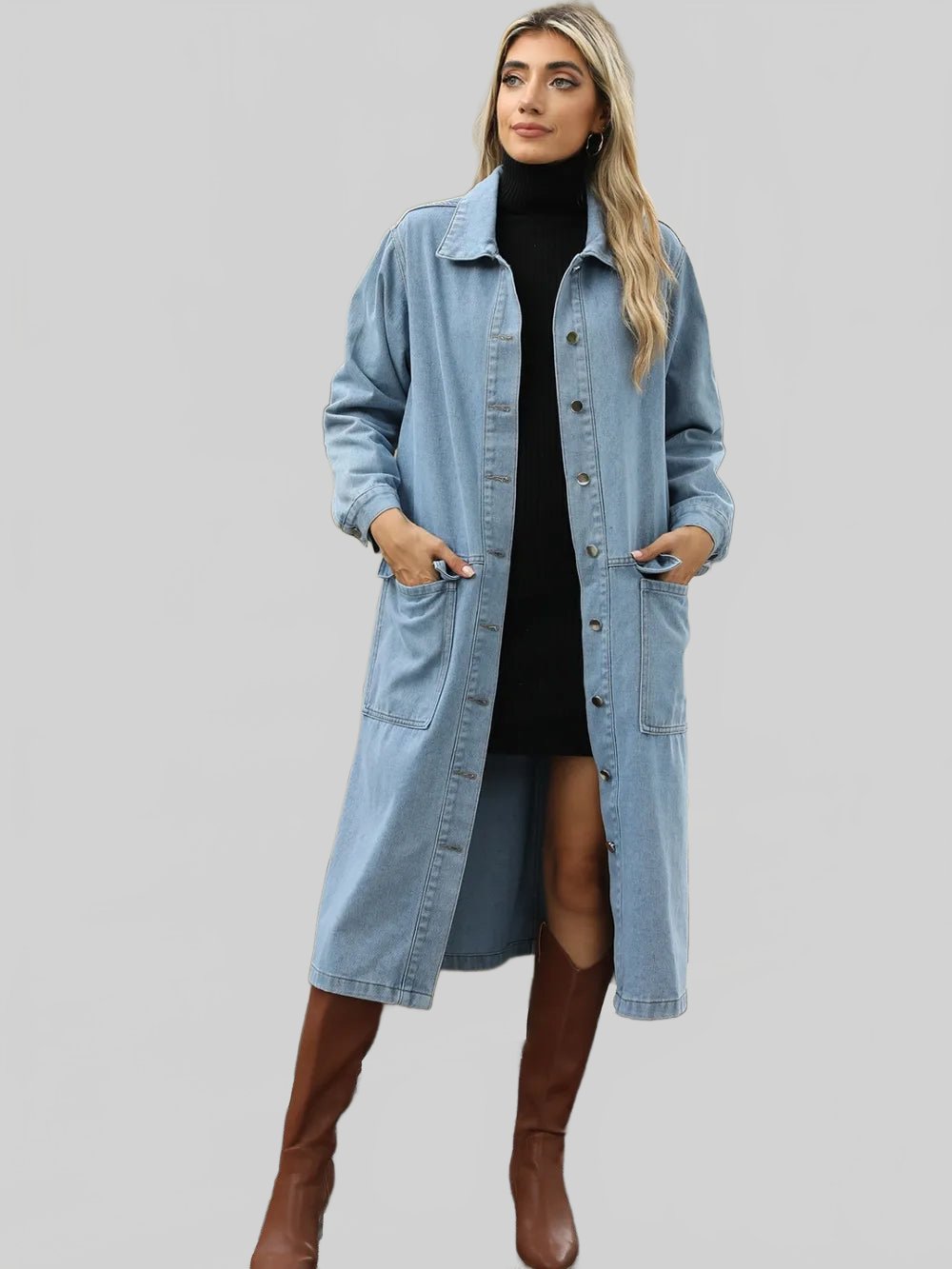 Pocketed Button Down Collared Neck Denim Jacket nicholesgifts