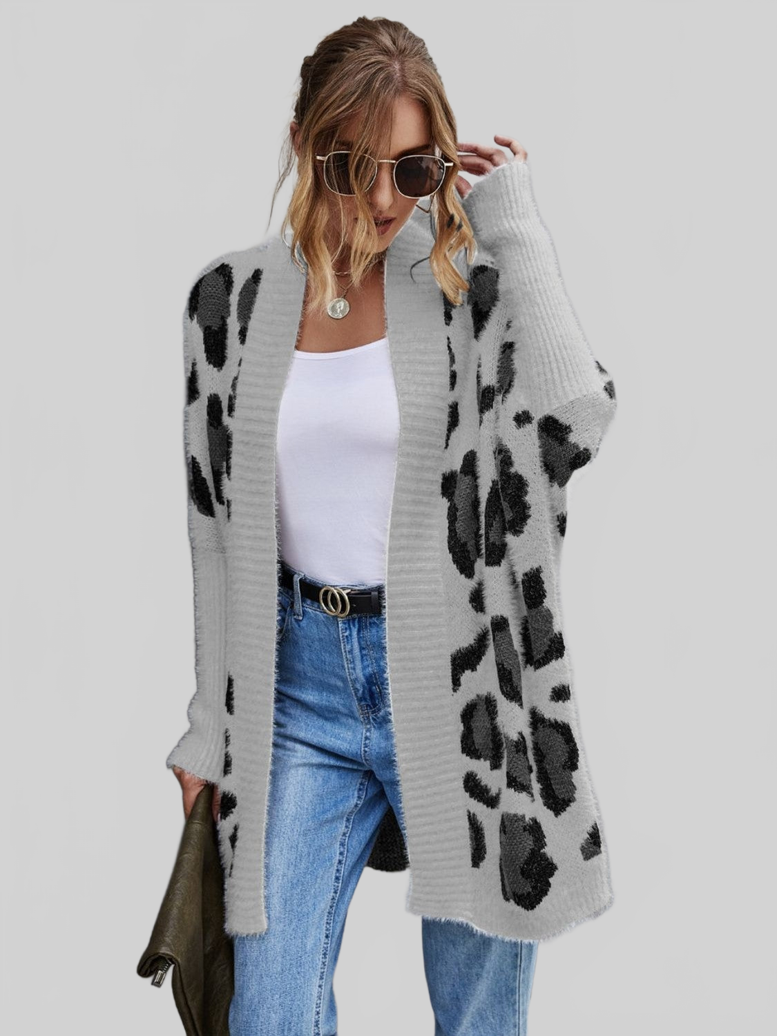 Women Leopard Pattern Fuzzy Cardigan nicholesgifts