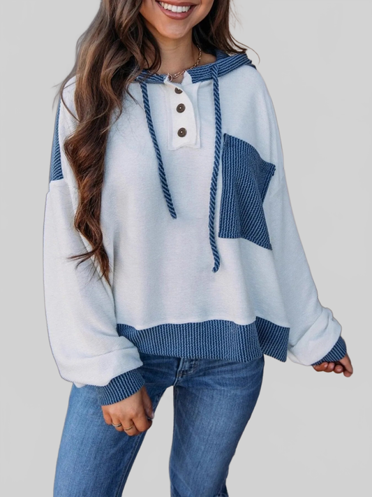 Drawstring Button Detail Long Sleeve Hoodie NicholesGifts