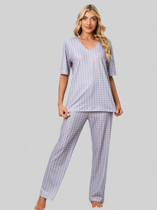 Printed V-Neck Top and Pants Lounge Set nicholesgifts