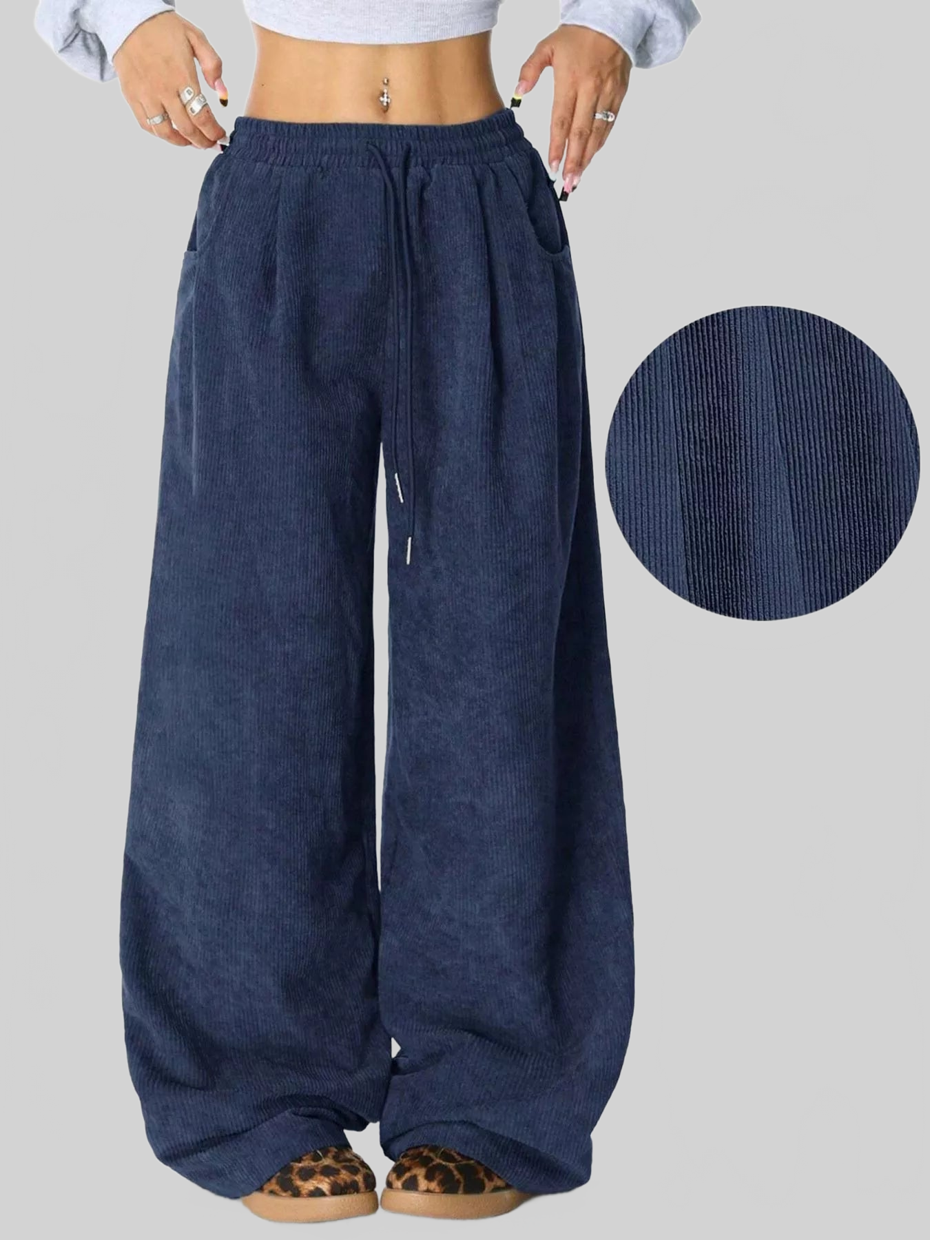 Women Wide Leg Corduroy Drawstring Pants nicholesgifts