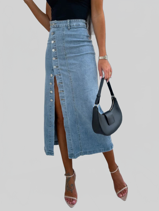 Front Button Slit Midi Denim Skirt nicholesgifts