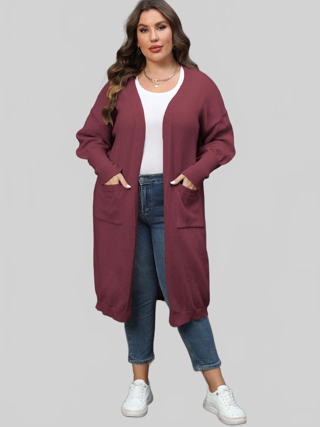 Plus Size Long Sleeve Pocketed Cardigan Trendsi
