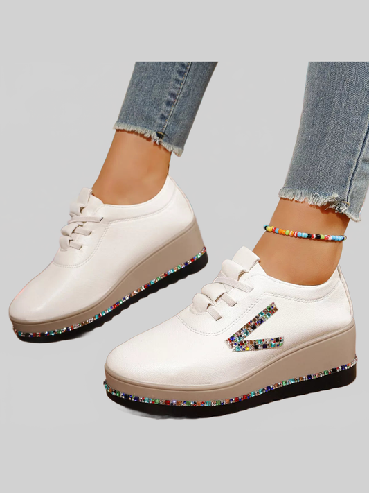 Women Rhinestone Round Toe Wedge Sneakers nicholesgifts