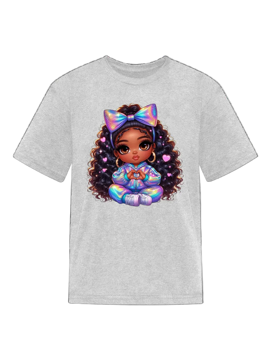 African American Girls Pretty Bow and Hearts Short Sleeve Crewneck T-Shirt nicholesgifts