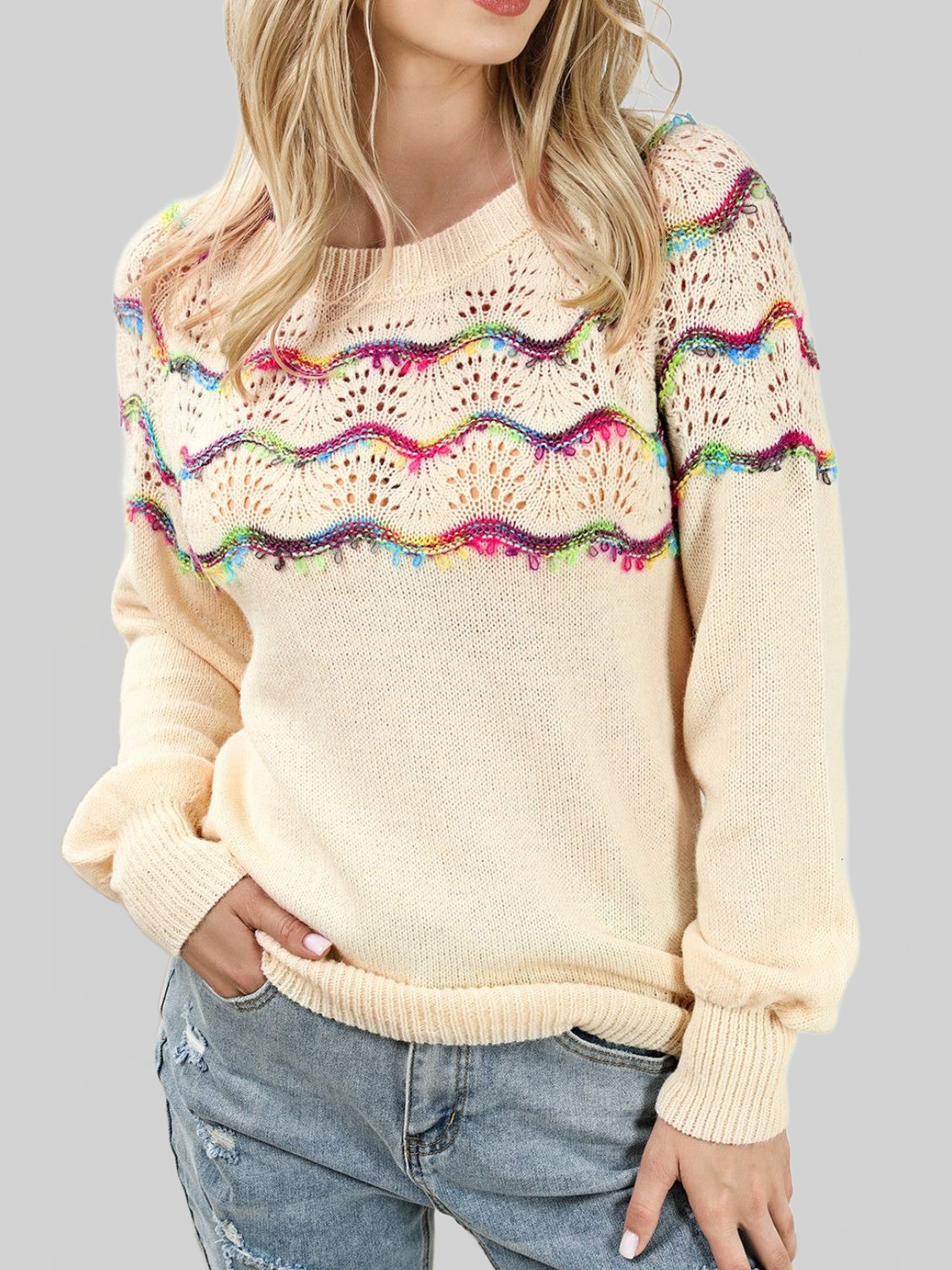 Women Openwork Wavy Striped Round Neck Sweater nicholesgifts