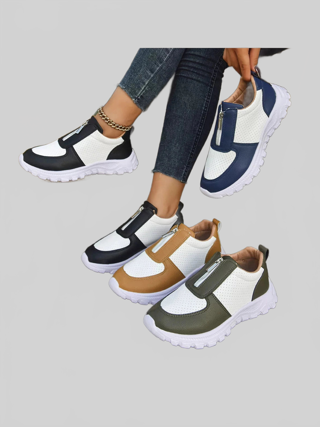 Contrast Breathable Zip Sneakers Trendsi