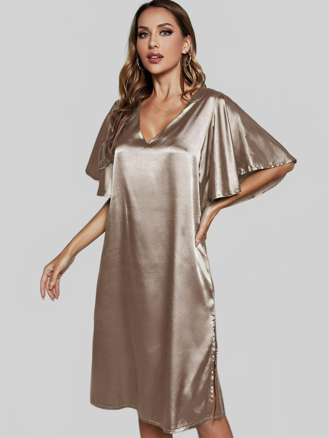 Satin Flutter Sleeve Side Slit V-Neck Night Dress nicholesgifts