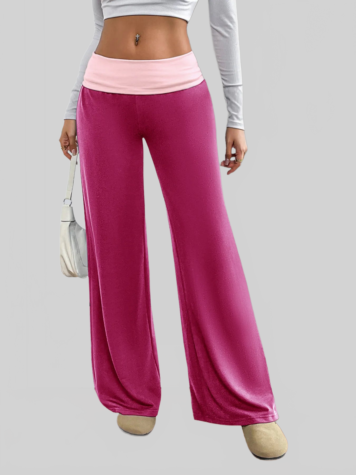 Women Contrast Waistband Wide Leg Pants nicholesgifts