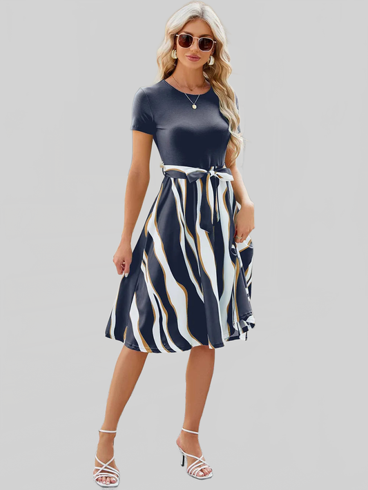 Printed Tie Waist Short Sleeve Dress nicholesgifts