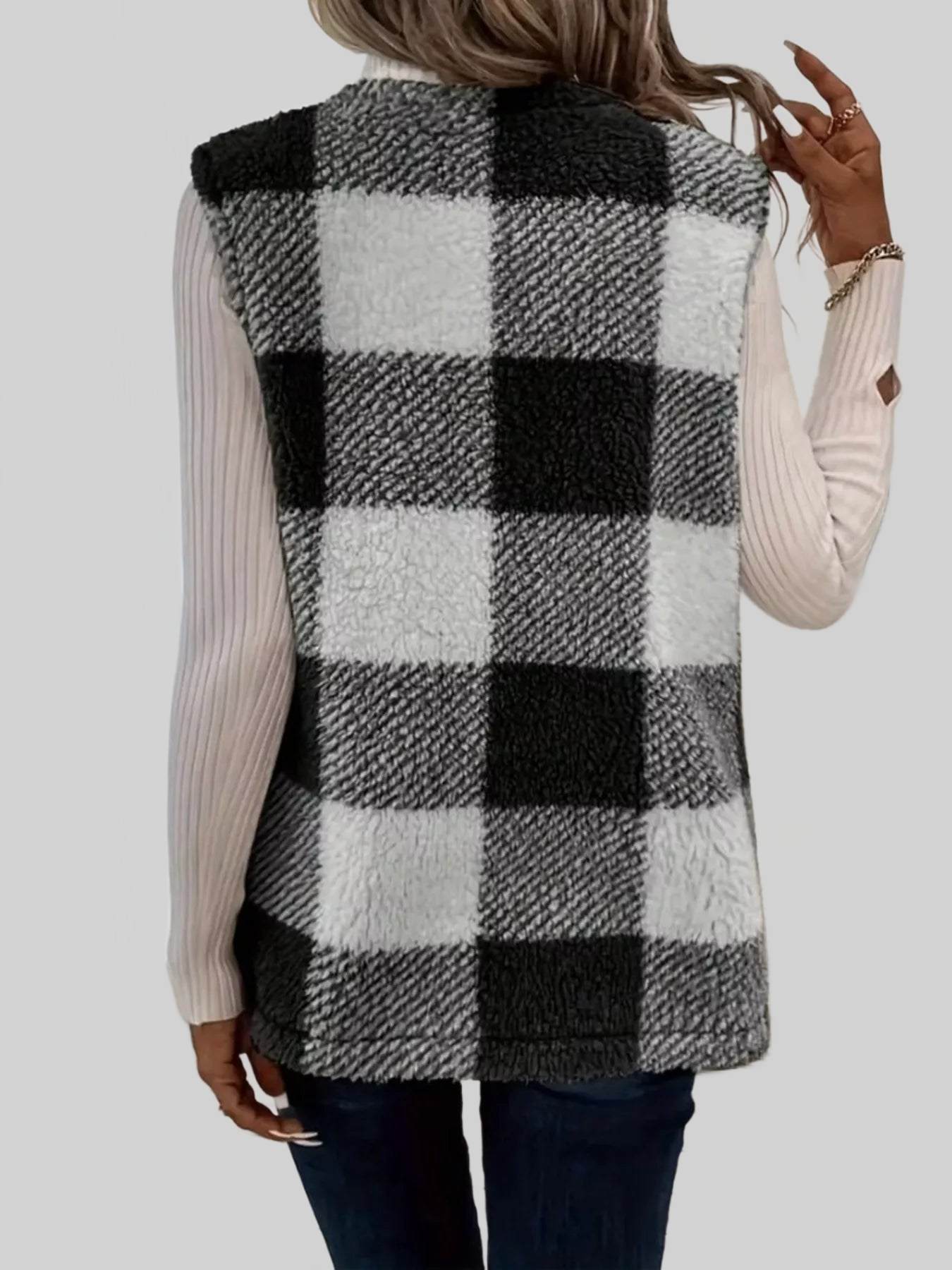 Women Cozy Plaid Sherpa Vest Coat nicholesgifts