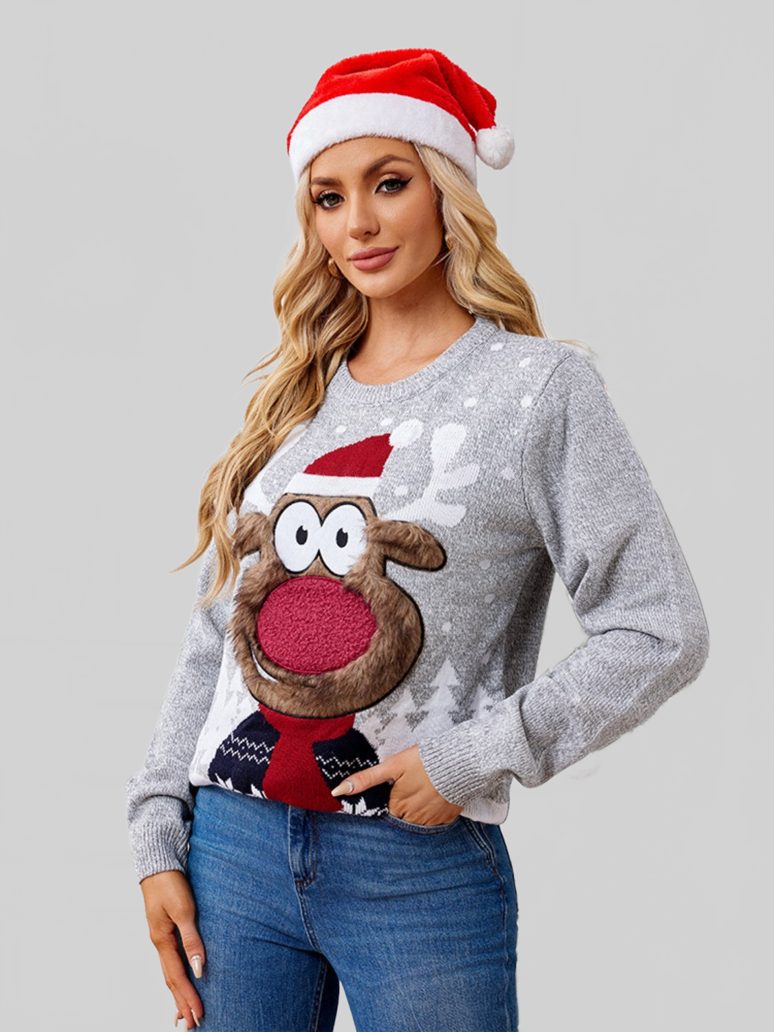 Women Reindeer Round Neck Long Sleeve Christmas Sweater nicholesgifts