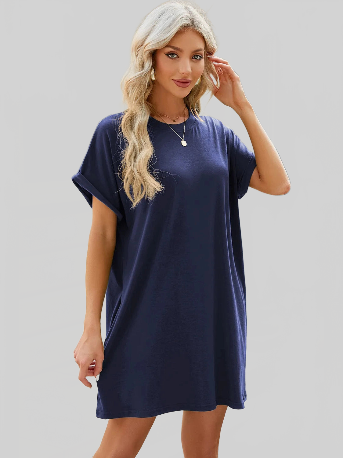 Round Neck Rolled Short Sleeve Tee Dress nicholesgifts