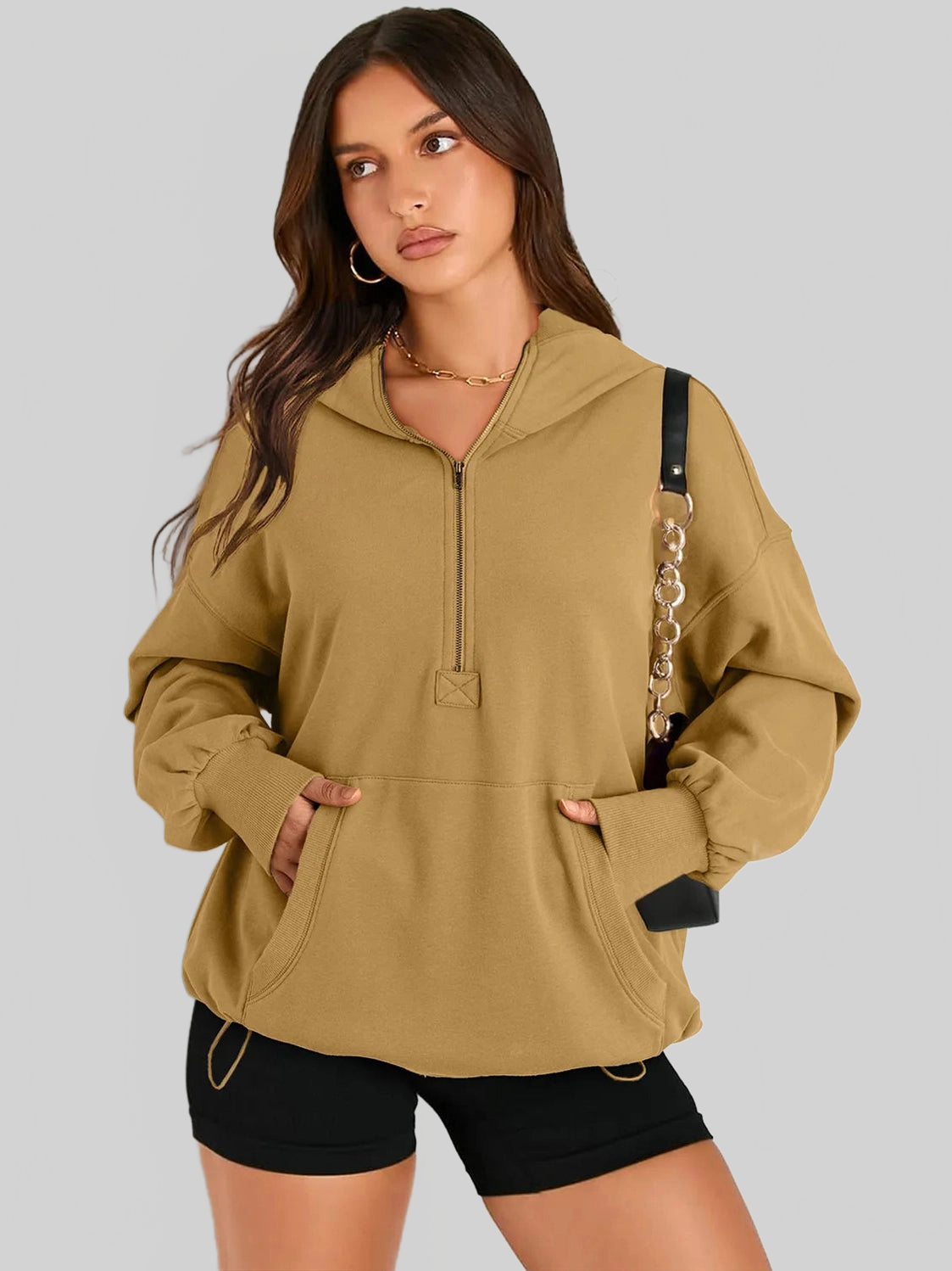 Pocketed Half Zip Long Sleeve Hoodie NicholesGifts