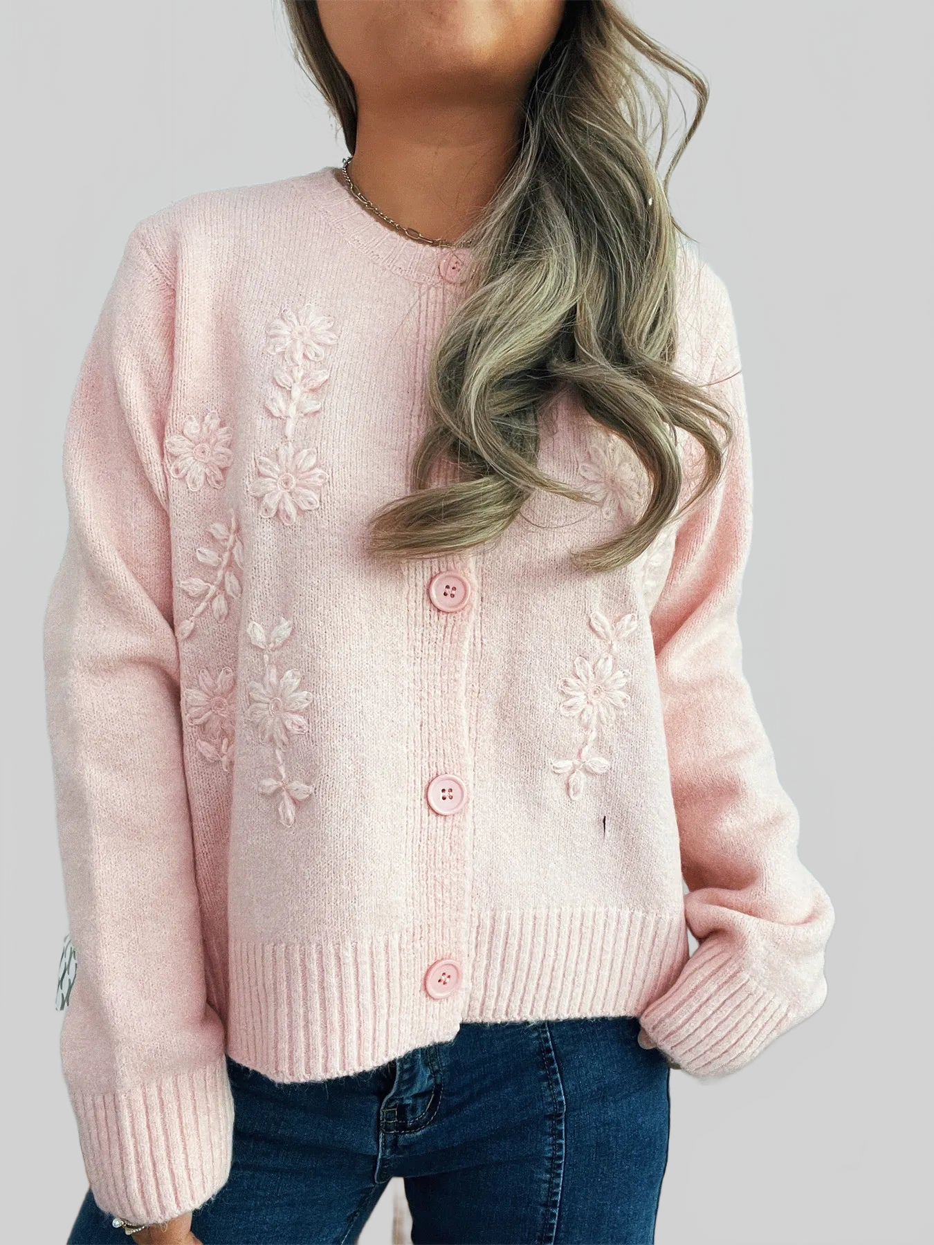 Flower Button Up Ribbed Hem Cardigan nicholesgifts