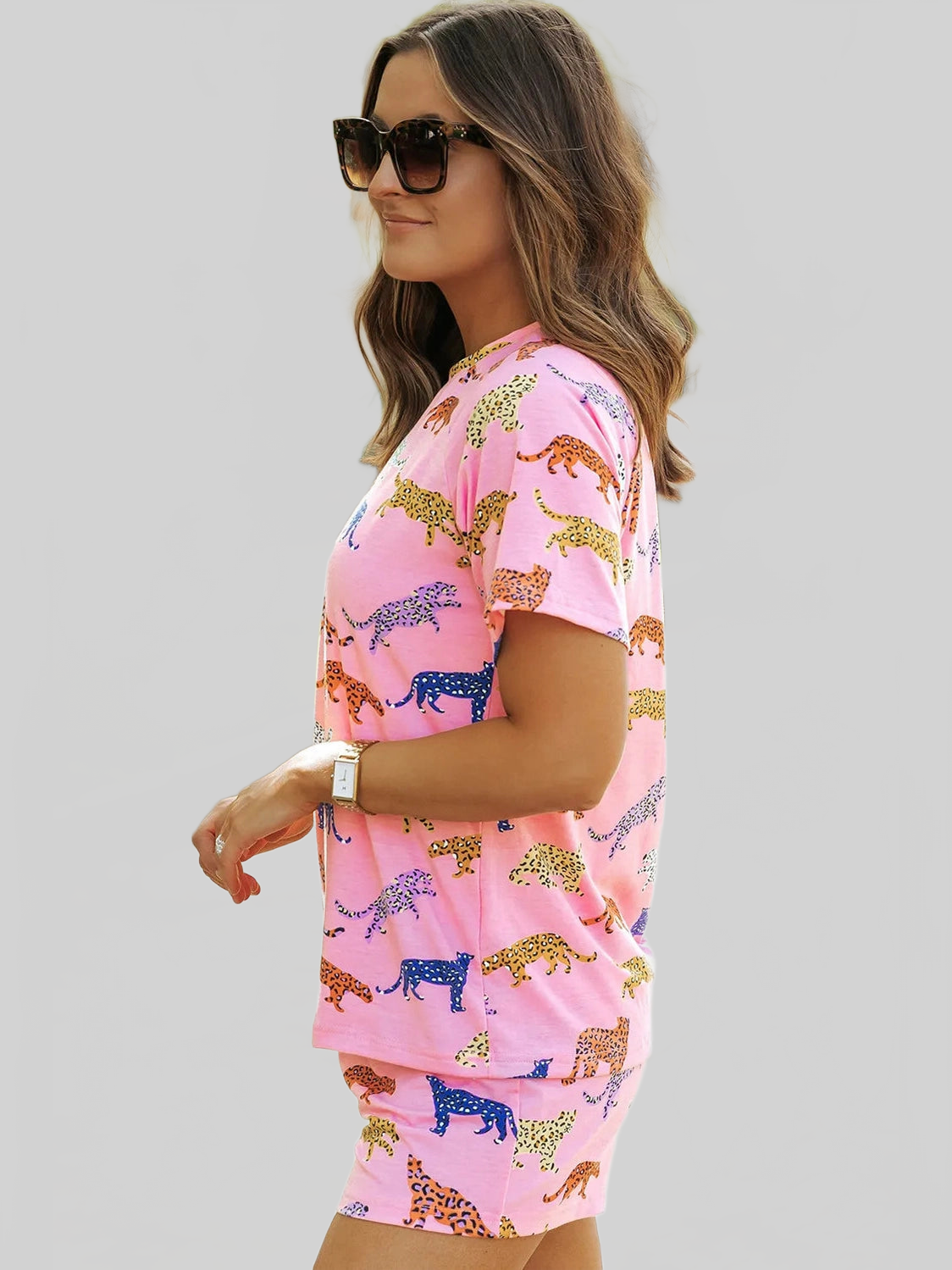 Animal Round Neck Top and Shorts Lounge Set nicholesgifts