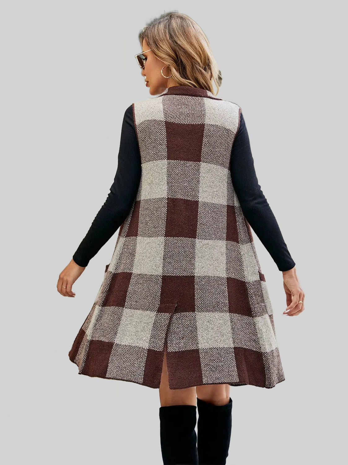 Women Plaid Open Front Sleeveless Cardigan with Pockets nicholesgifts