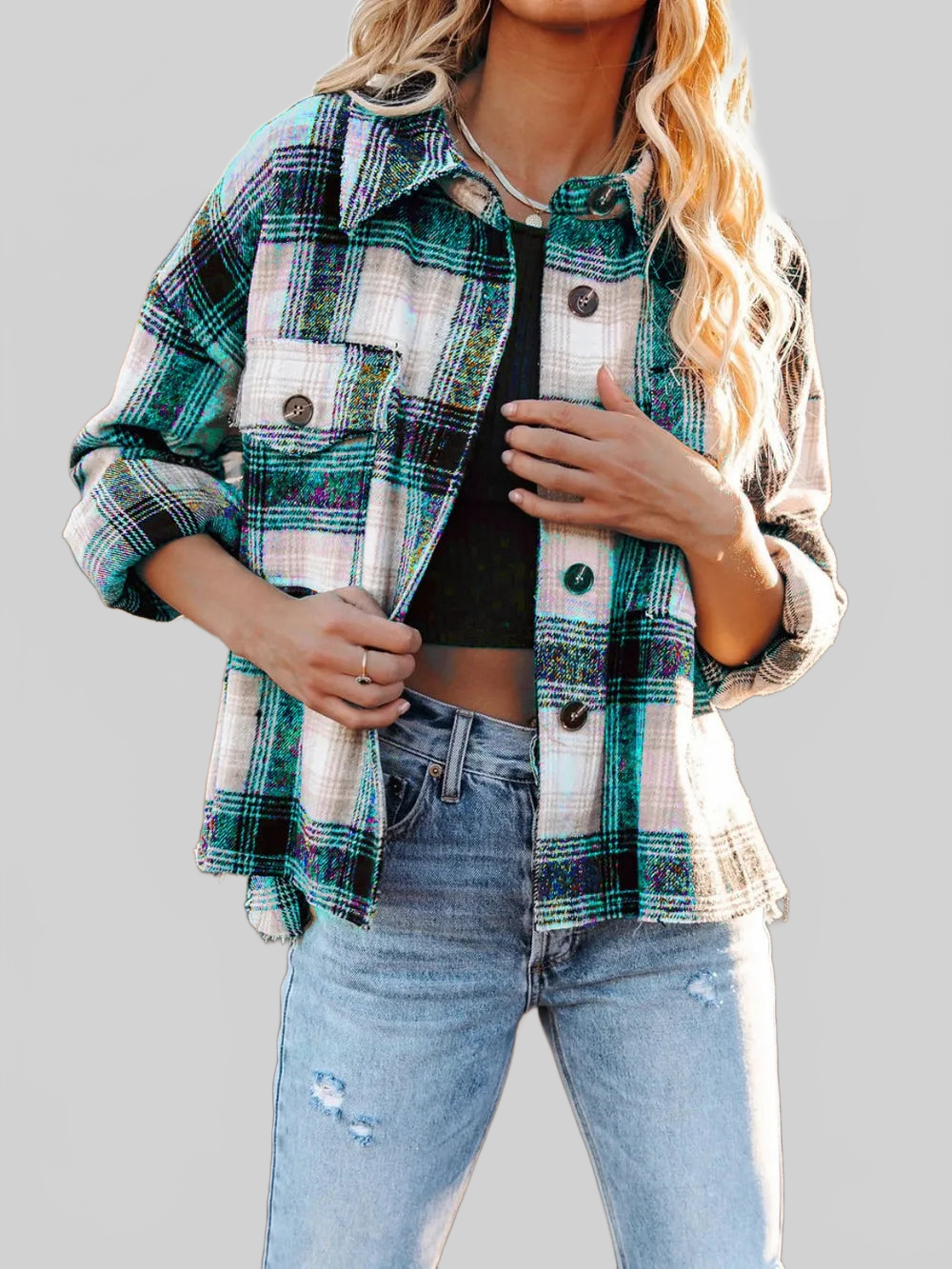 Pocketed Plaid Button Down Long Sleeve Shacket nicholesgifts