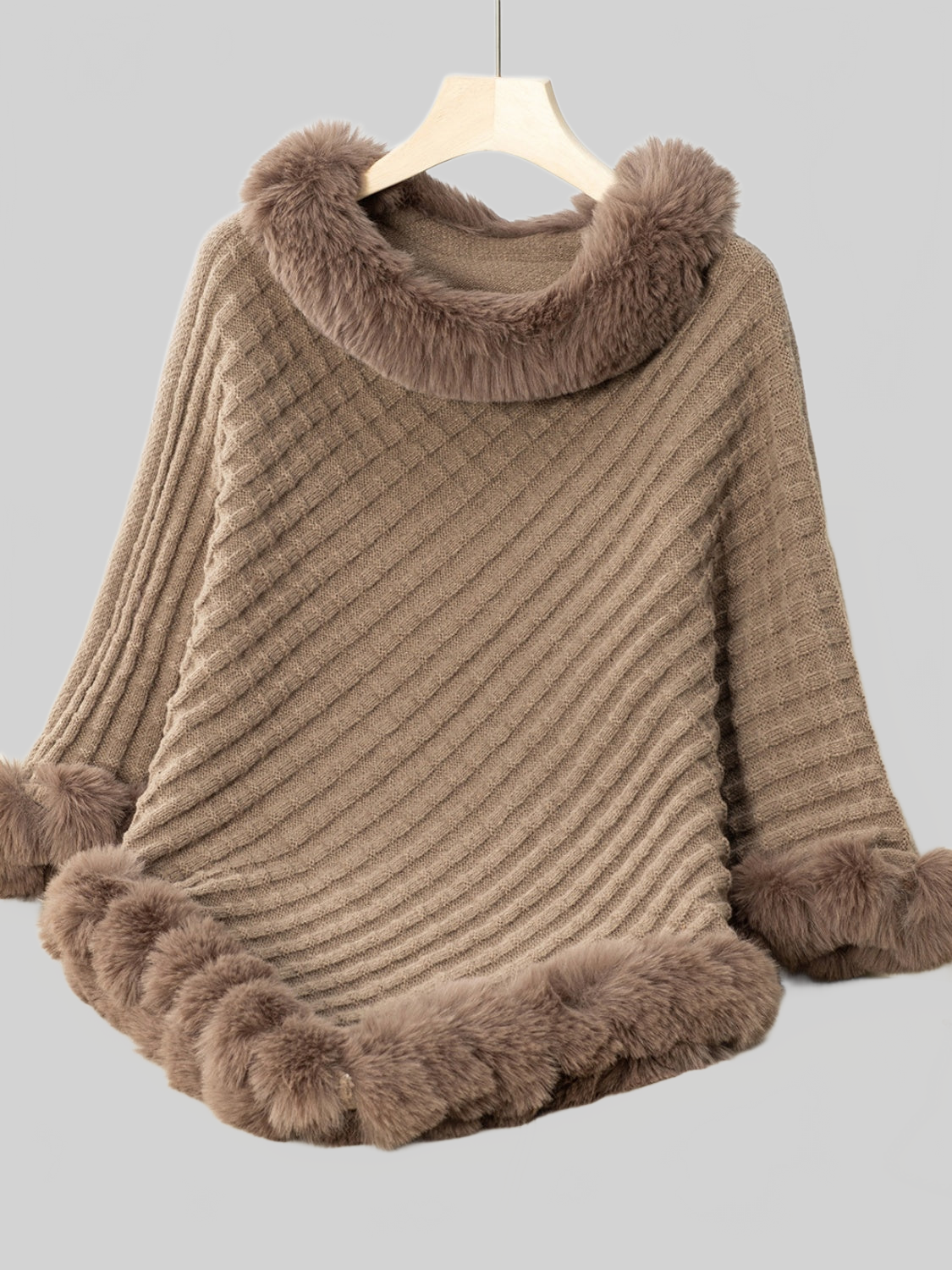 Women Fuzzy Trim Texture Three-Quarter Sleeve Poncho nicholesgifts