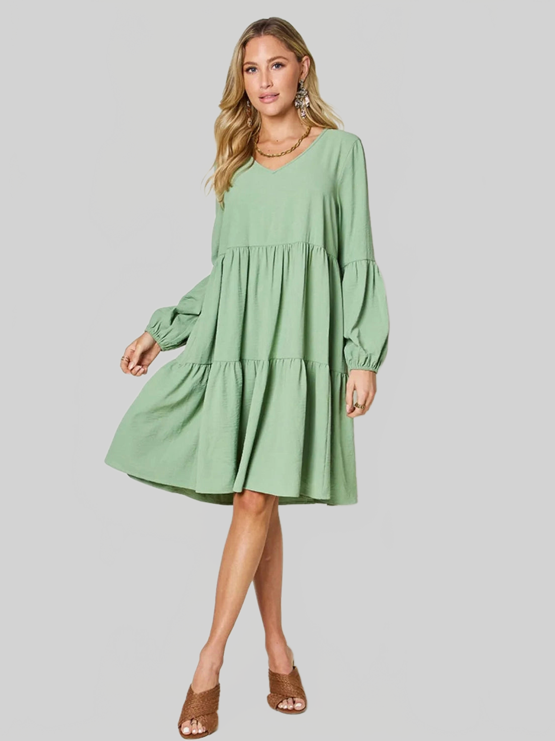 Double Take Full Size V-Neck Balloon Sleeve Tiered Dress with Pockets nicholesgifts