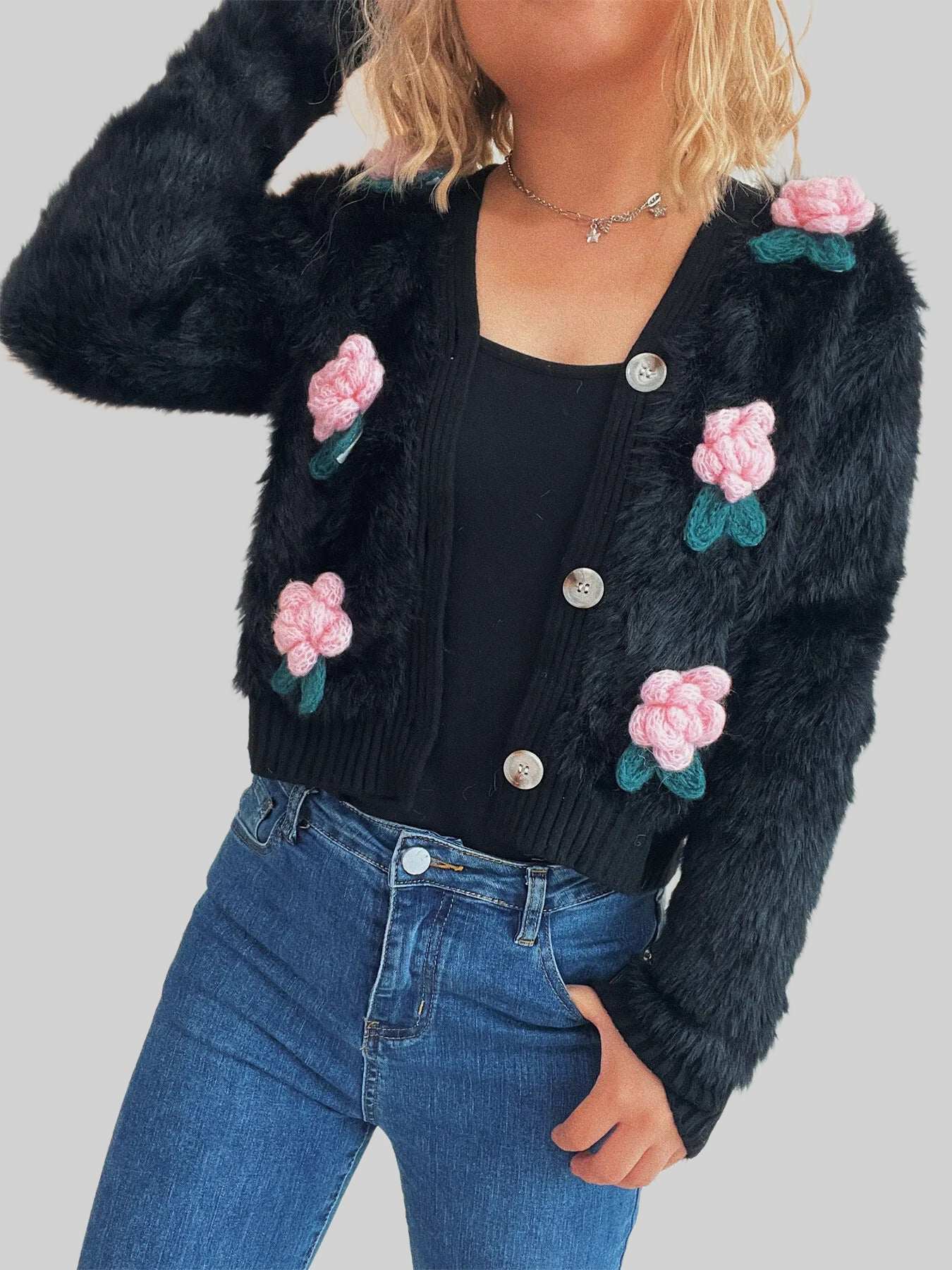 Women Flower Fuzzy Button-Up Cardigan nicholesgifts