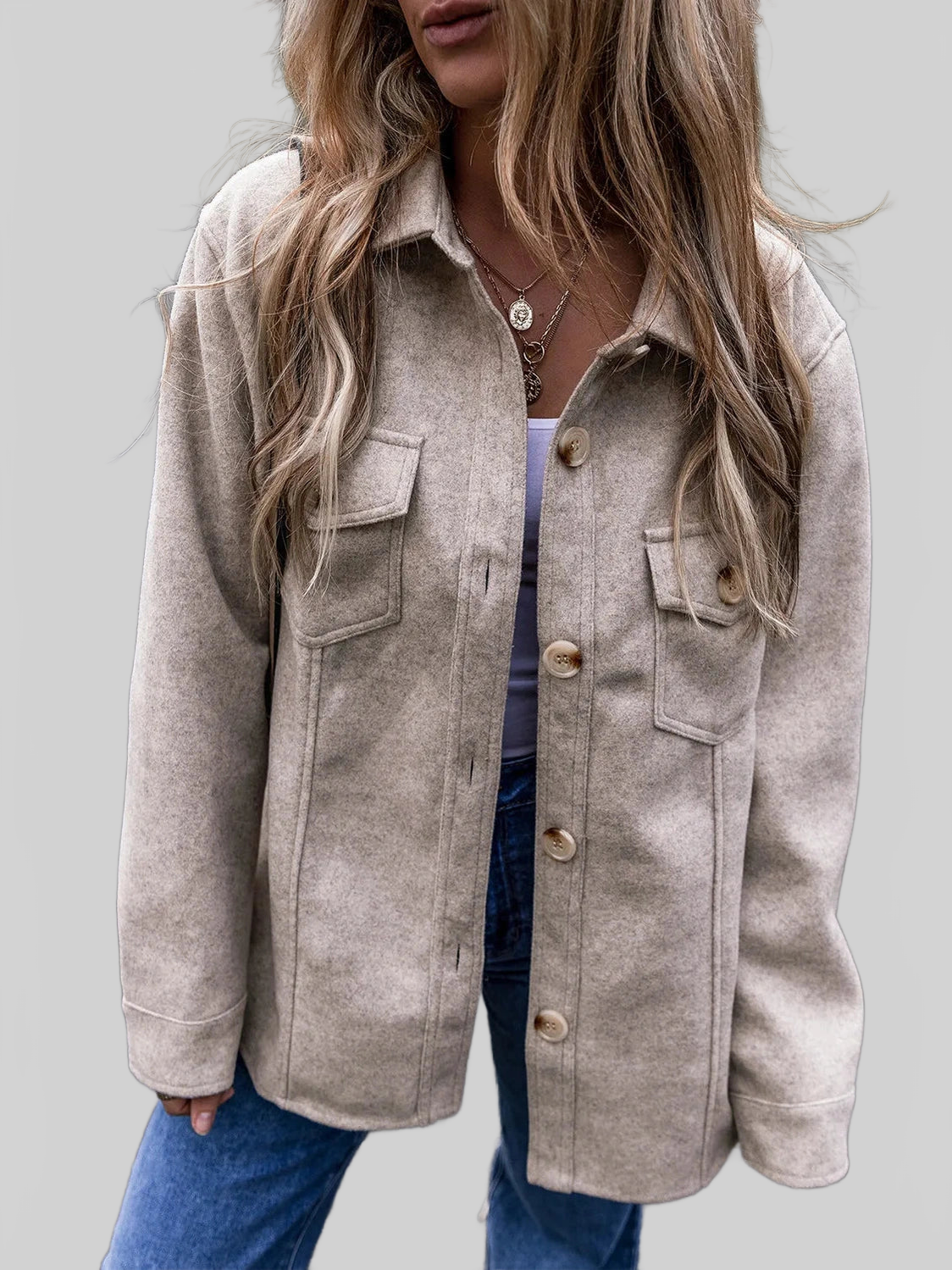 Button Up Collared Neck Long Sleeve Jacket NicholesGifts