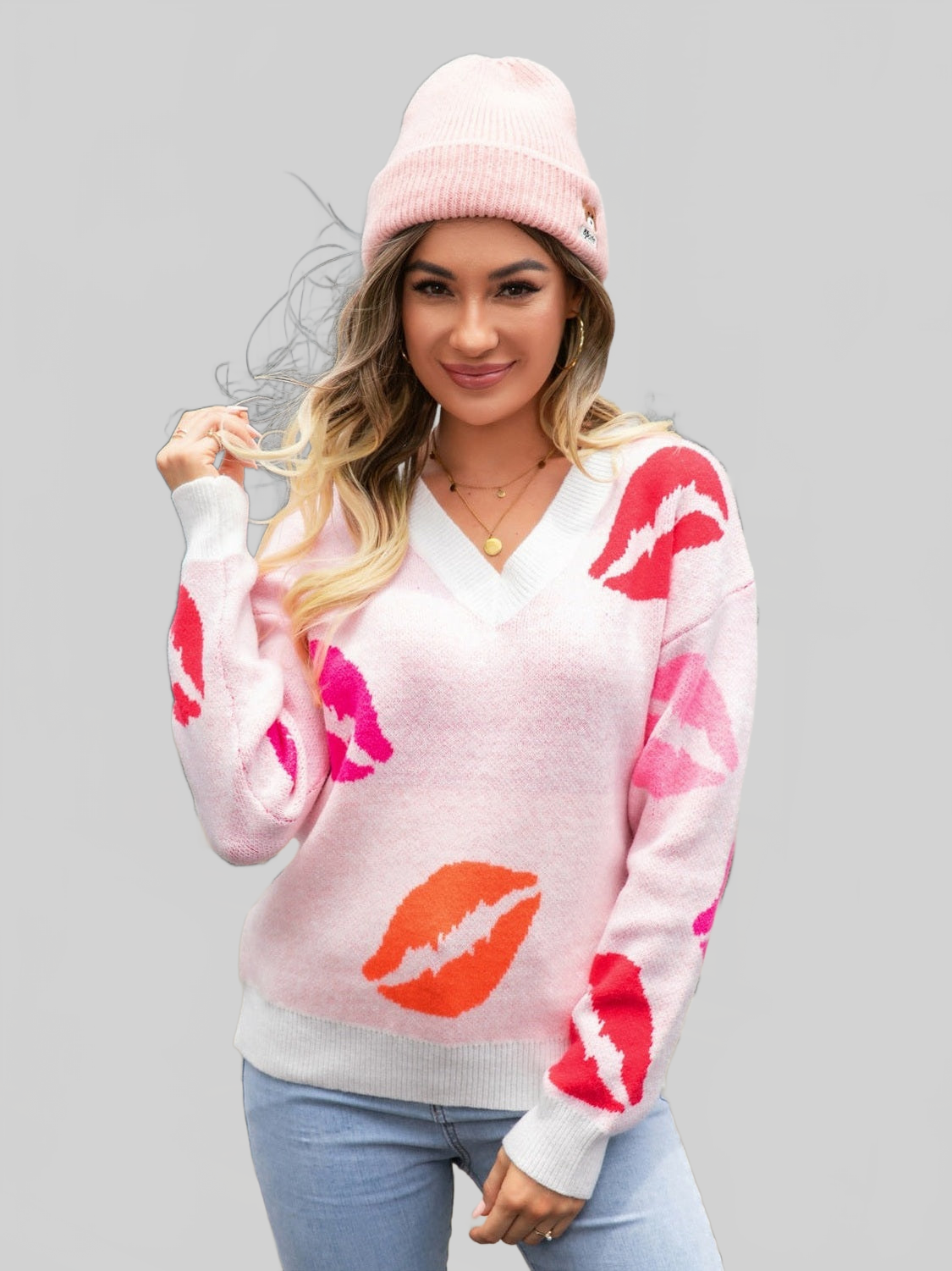 Women Angel Wings Lip V-Neck Drop Shoulder Sweater NicholesGifts