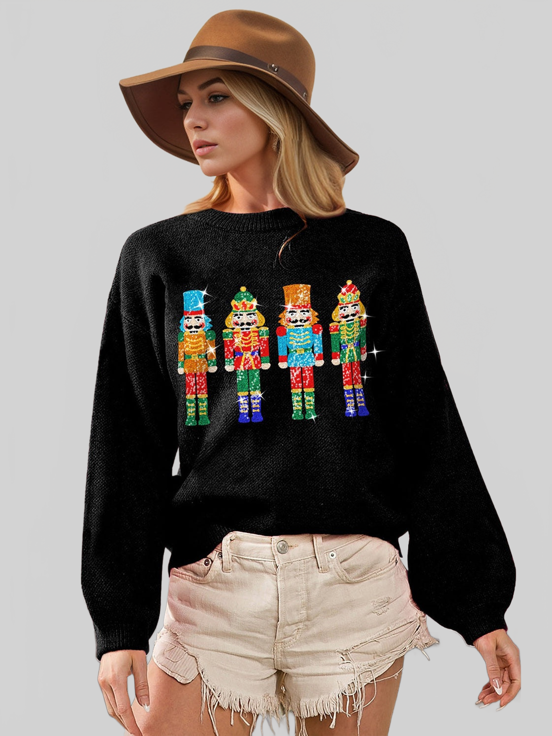 Women Double Take Full Size Sequin Nutcracker Long Sleeve Sweater nicholesgifts