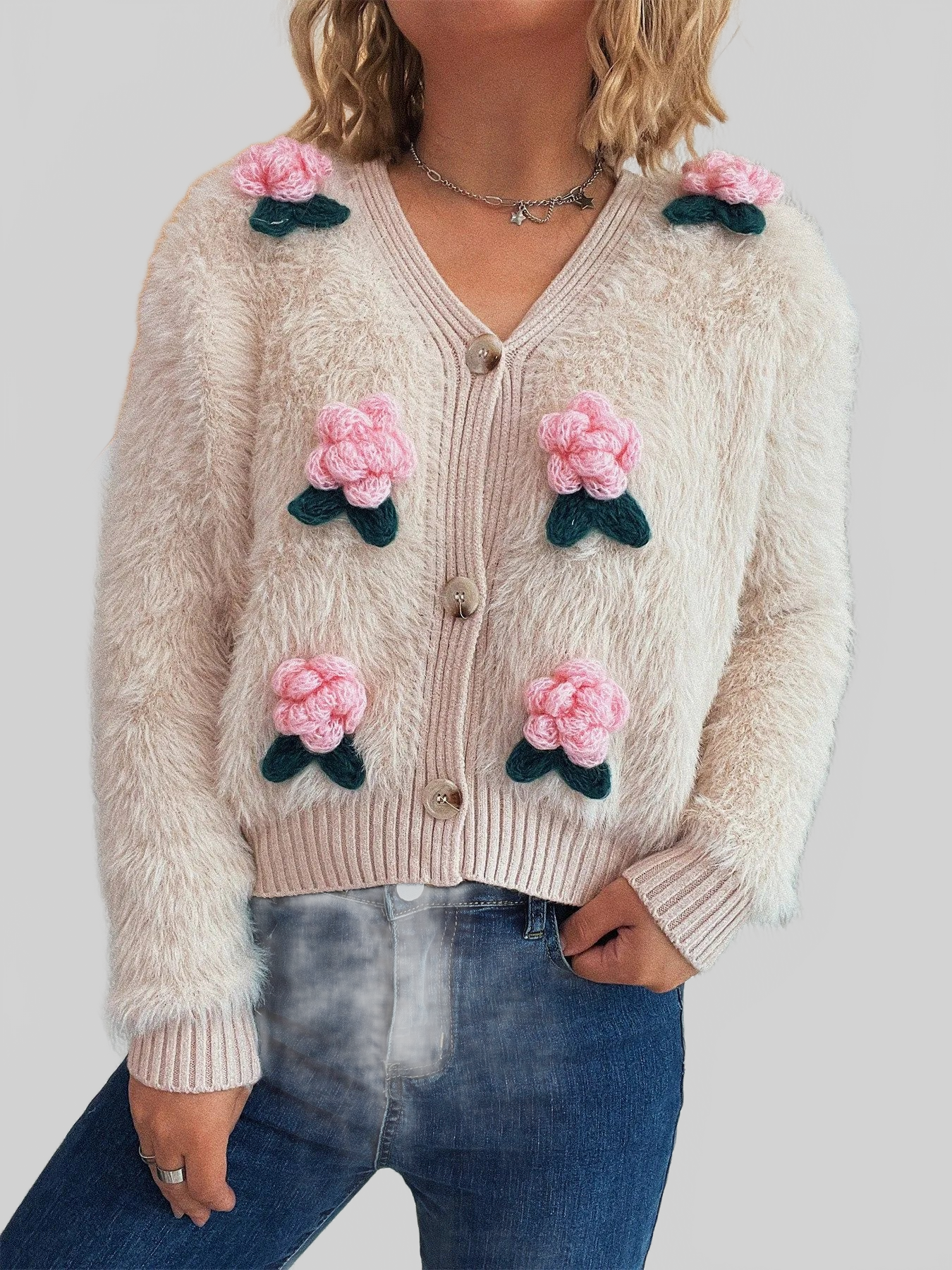 Women Flower Fuzzy Button-Up Cardigan nicholesgifts