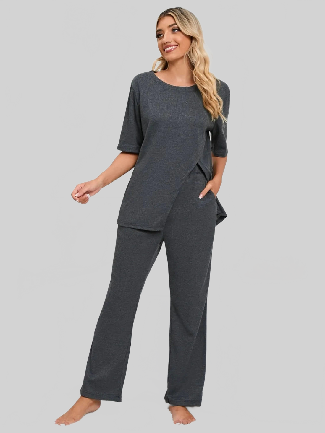 Slit Round Neck Top and Pants Lounge Set nicholesgifts