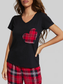 Heart Graphic V-Neck Top and Plaid Pants Lounge Set nicholesgifts