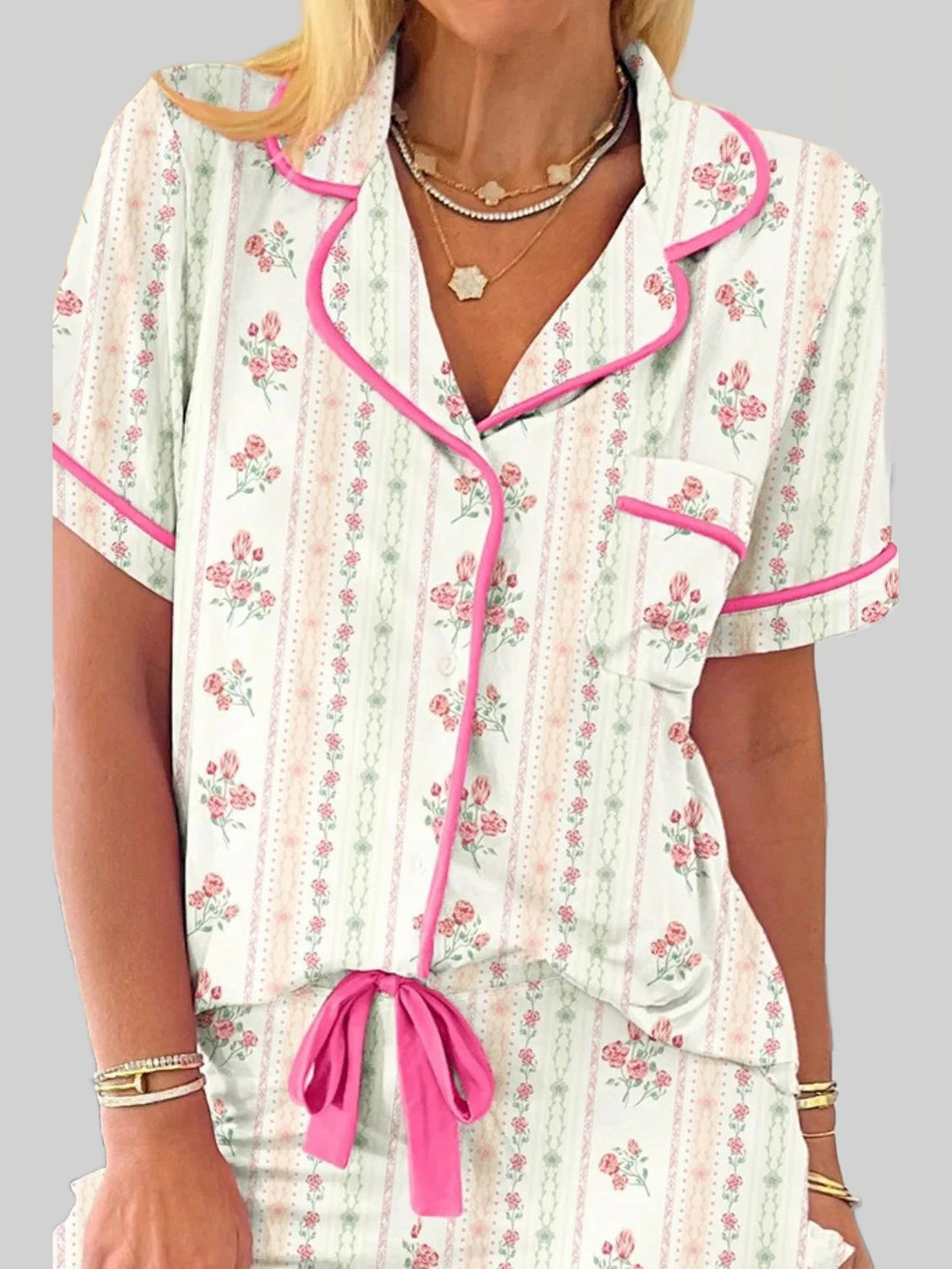 Printed Button Up Short Sleeve Top and Shorts Lounge Set nicholesgifts