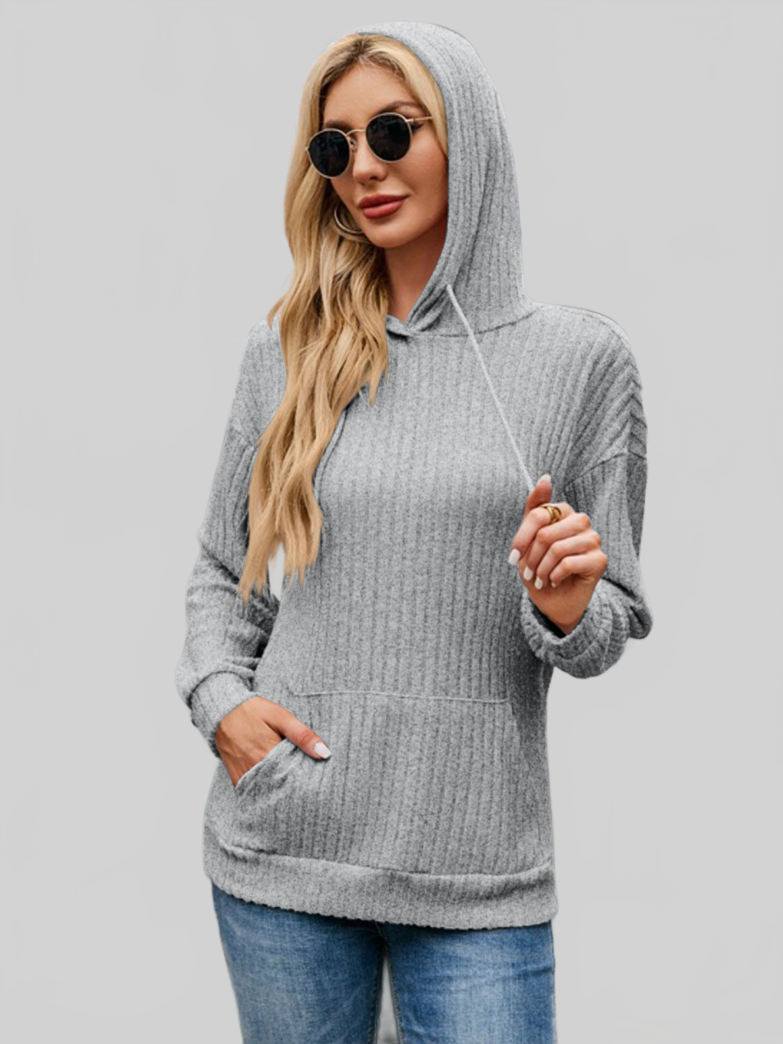 NicholesGifts Women Ribbed Drawstring Long Sleeve Hoodie nicholesgifts