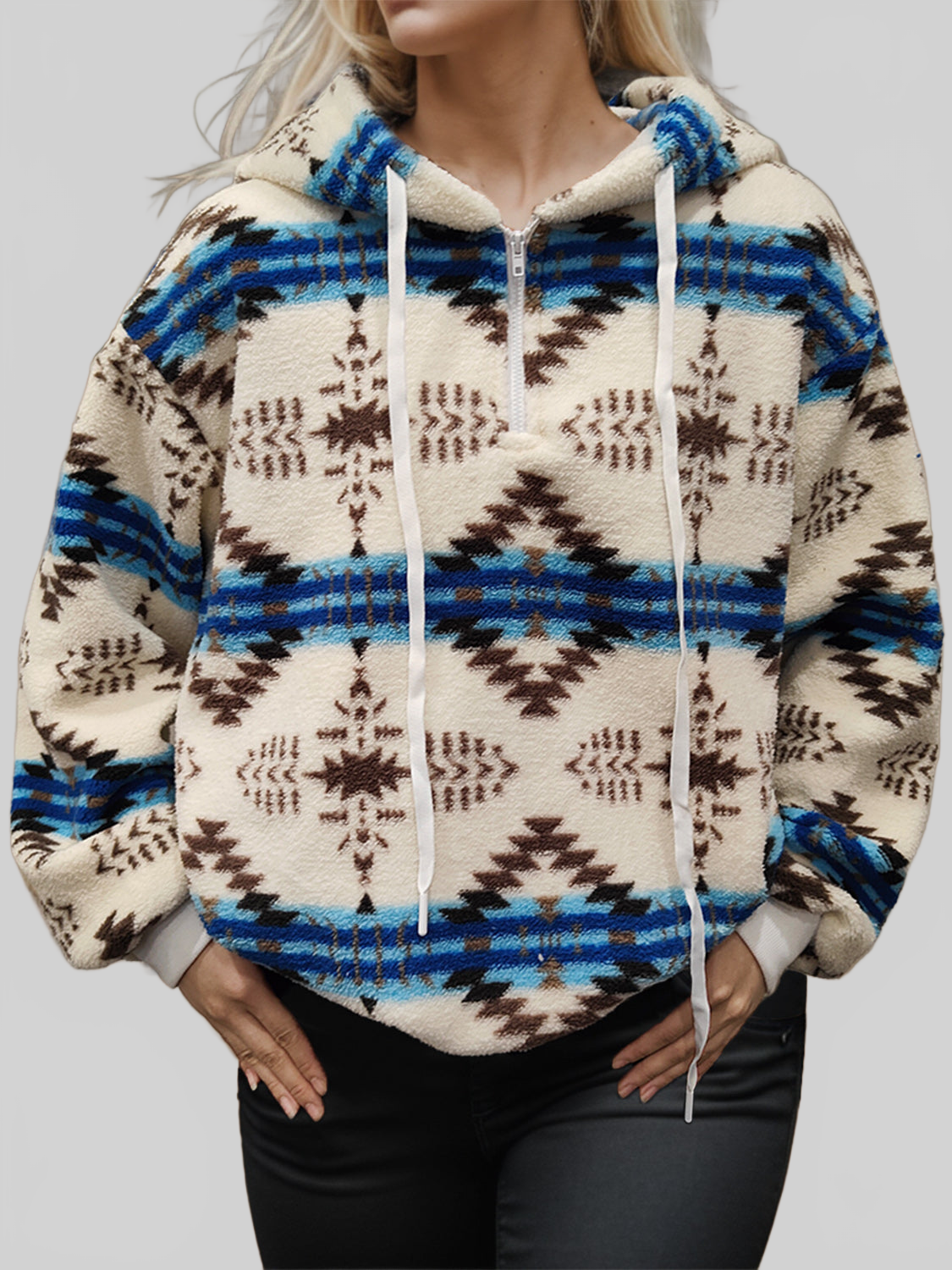 NicholesGifts Women Shiny Geometric Half Zip Drawstring Long Sleeve Hoodie NicholesGifts