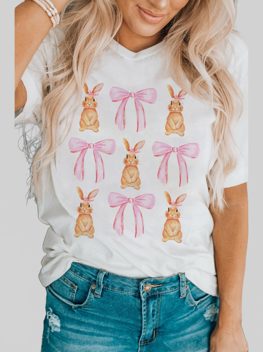 Women Rabbit & Bow Round Neck Short Sleeve Easter T-Shirt nicholesgifts