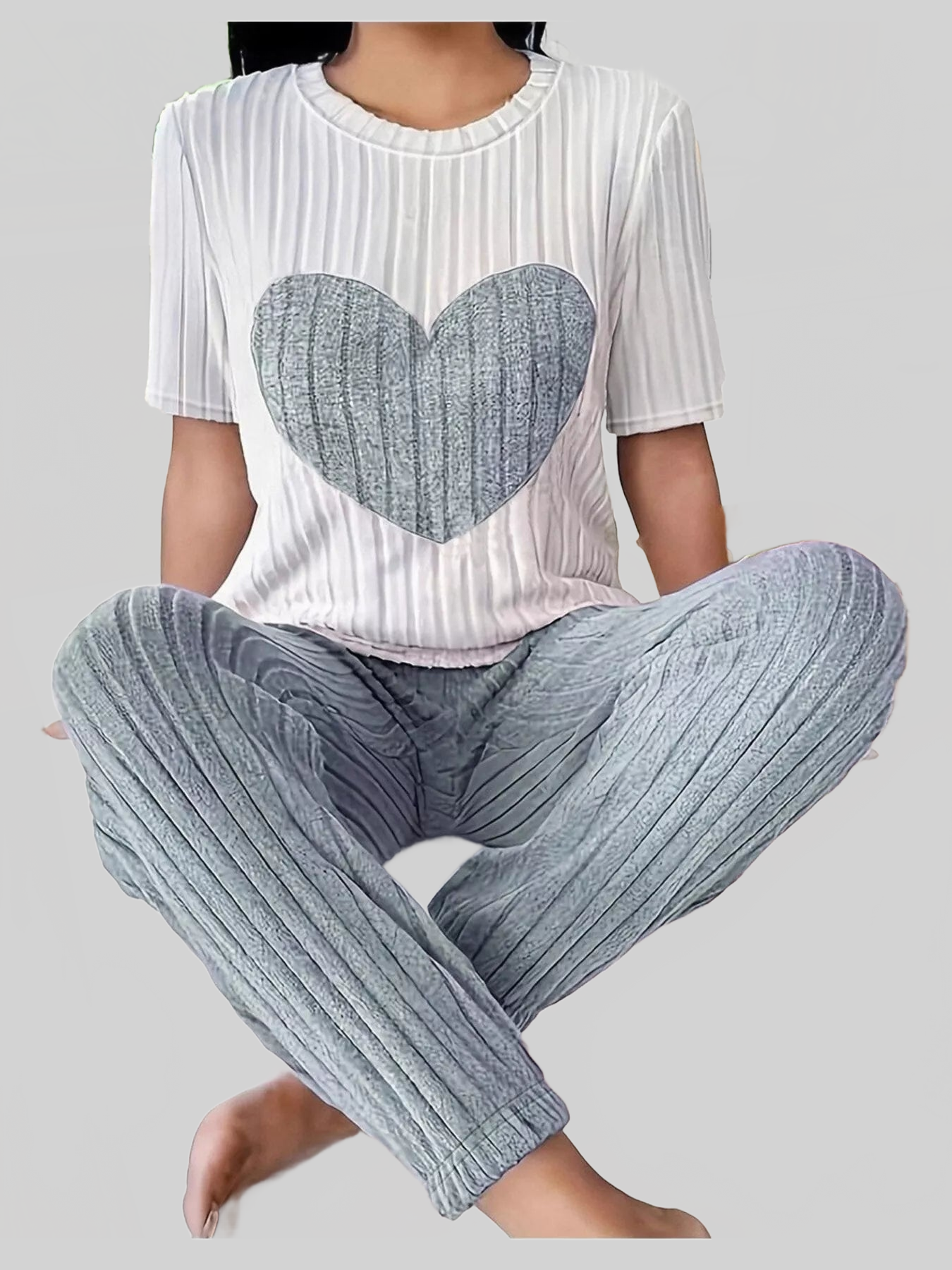 Heart Ribbed Knit Top and Pants Lounge Set nicholesgifts